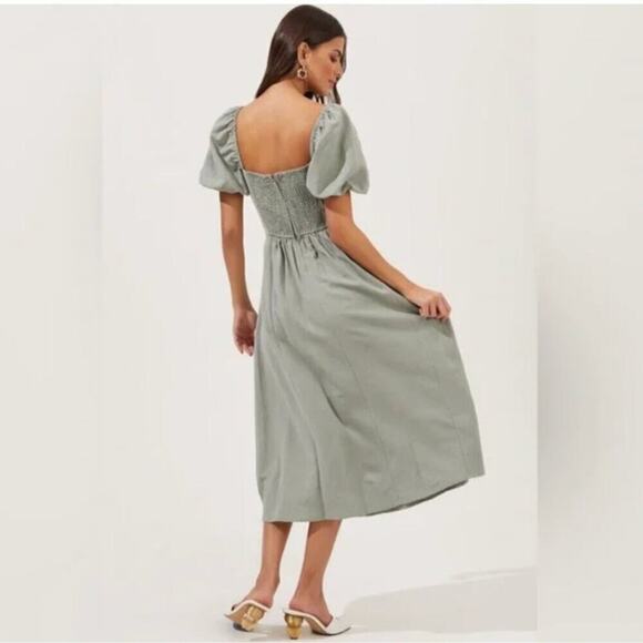 ASTR Label Pleated Bodice Bubble Sleeve Midi Dress Smocked Sage XL NWT - Picture 2 of 10